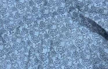 Blue fabric with a dense small-scale floral block print.