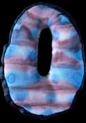 A puffed fabric letter O, tie-dyed in pink and blue.