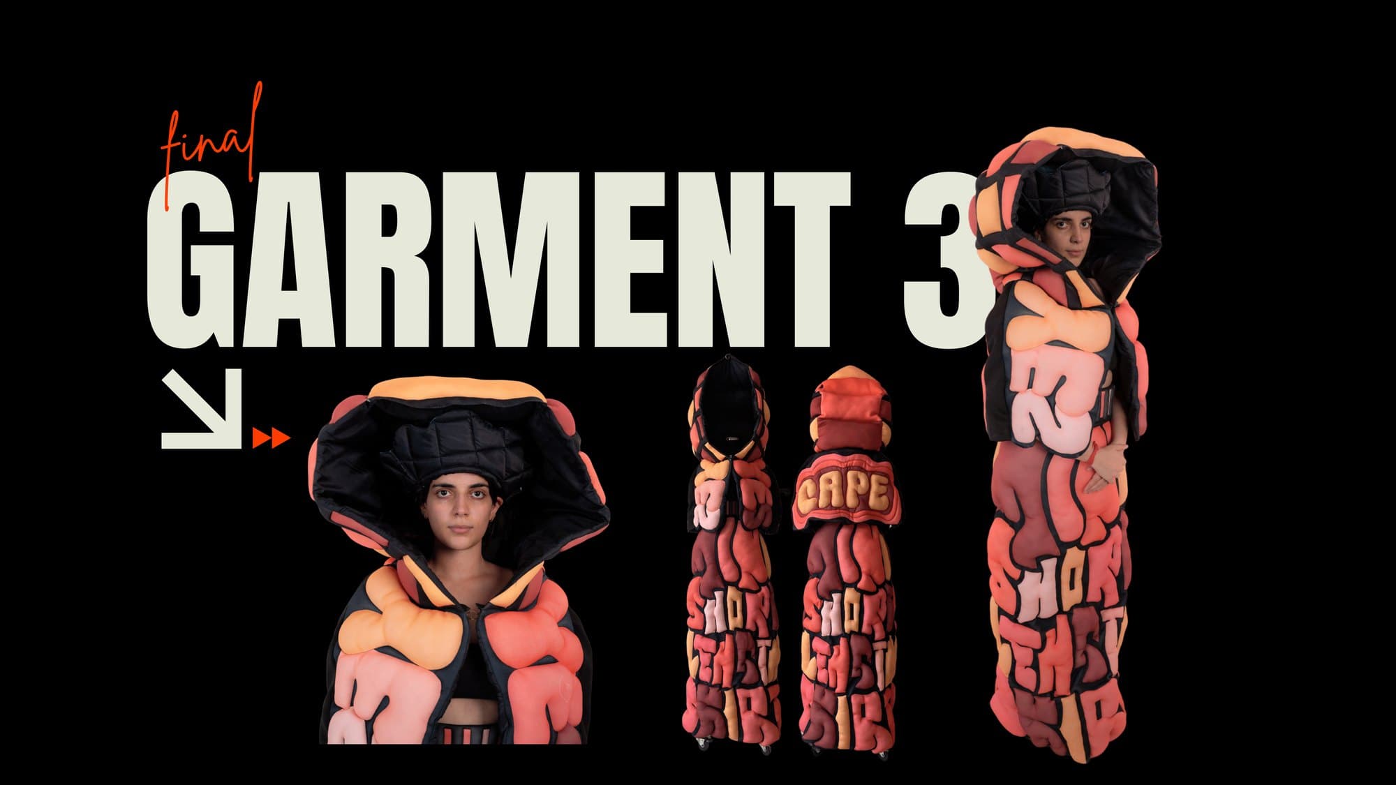 Final garment 03 — The Cape, photographed from several angles.