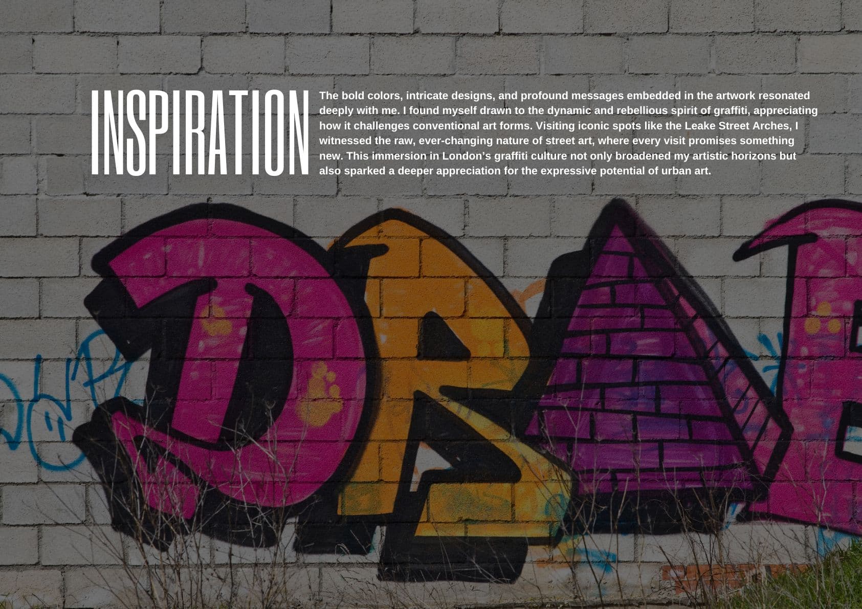 Pink and orange graffiti lettering on a grey brick wall.