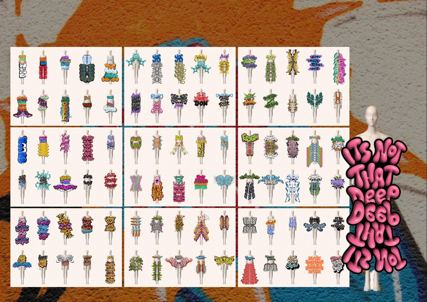 Juxtapositioning — twelve grids of croquis silhouettes.